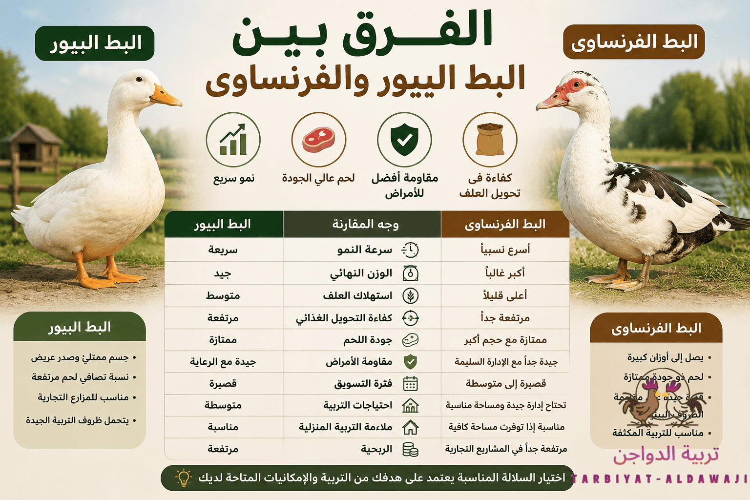 ما هو الفرق بين البط البيور والفرنساوى واهم مميزاتهم 